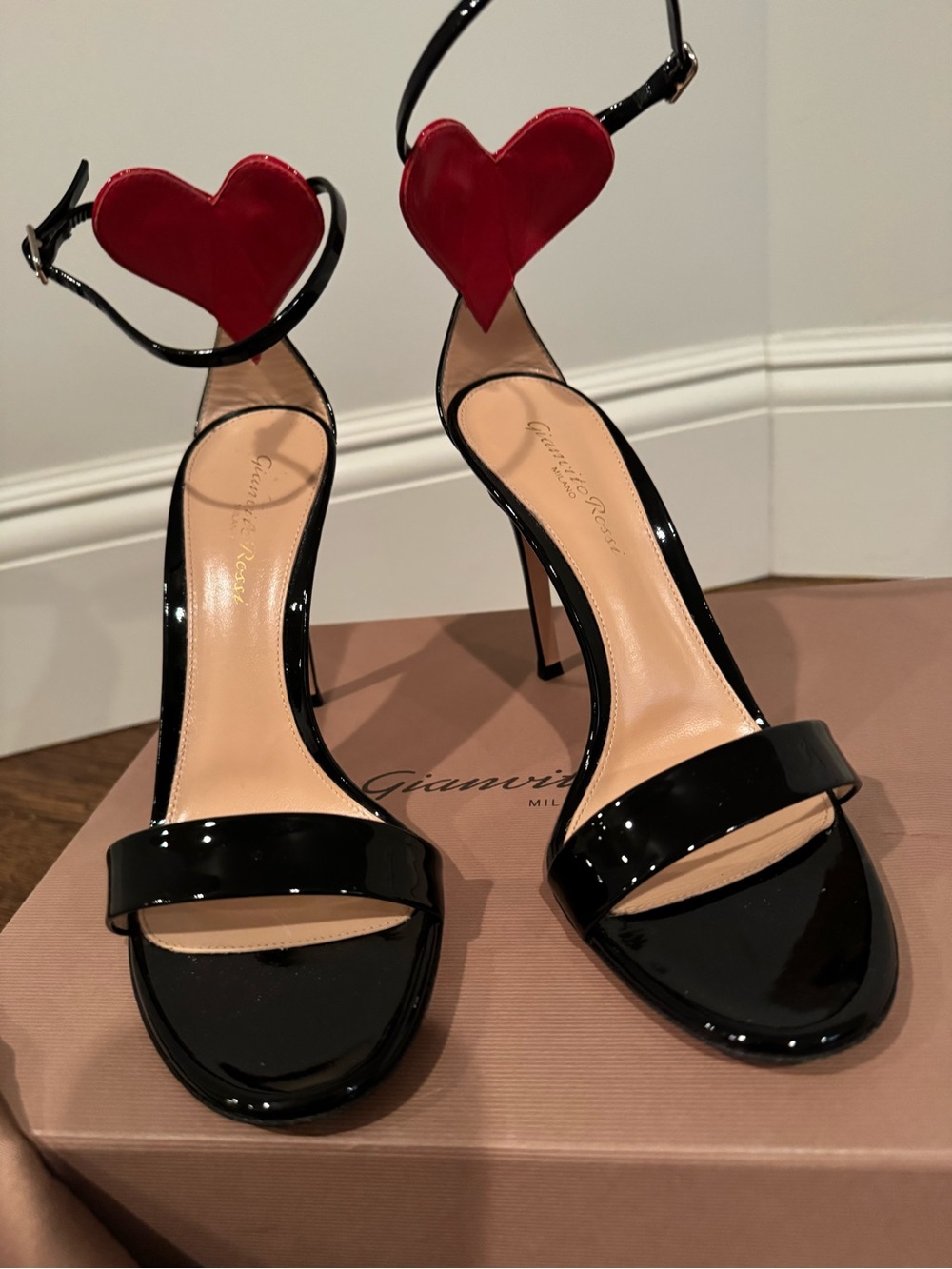 Gianvito Rossi Black Patent Leather Sandals with Red Heart Ankle Detail